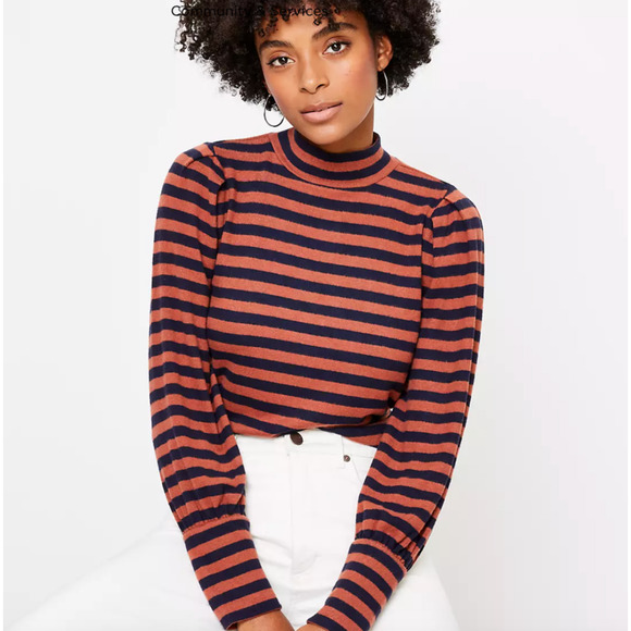NWT Loft Rust/Brown & Navy Striped Soft Knit Mock Neck Top - Picture 3 of 9